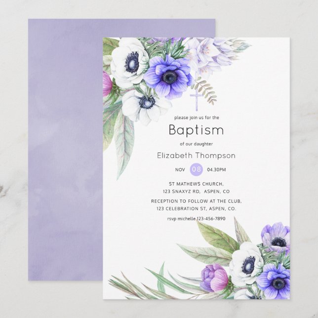 Convites Batismo Floral Violeta Pastel e Ameixa (Frente/Verso)