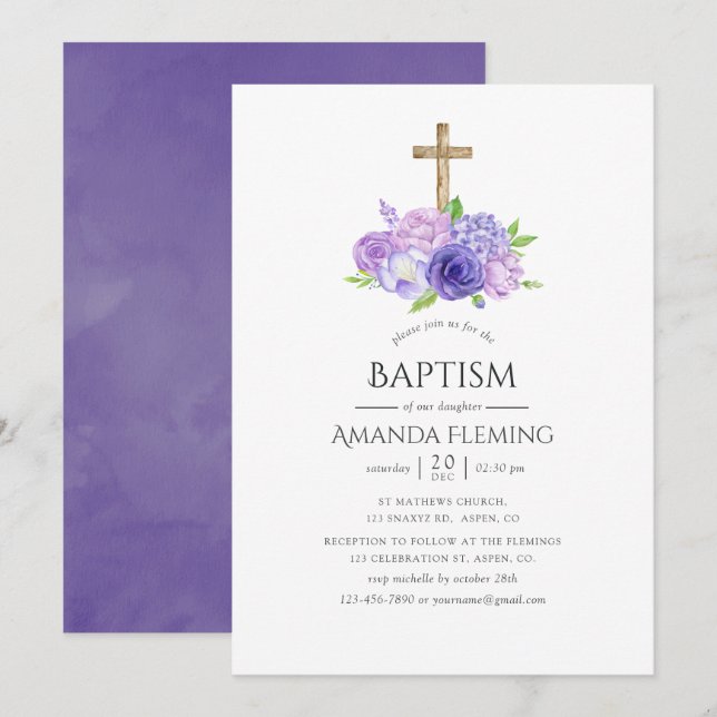 Convites Batismo Floral Violeta Ultra ou Batizado (Frente/Verso)