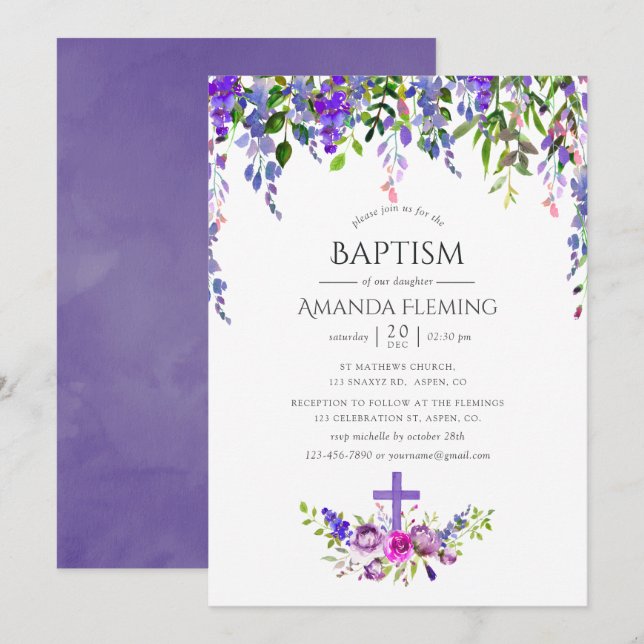 Convites Batismo Floral Violeta Ultra ou Batizado (Frente/Verso)