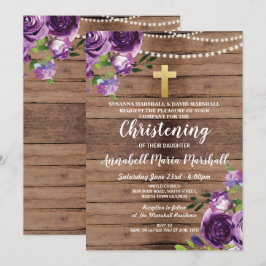 Convites Batismo Flores Roxas Luzes Cristais de Madeira
