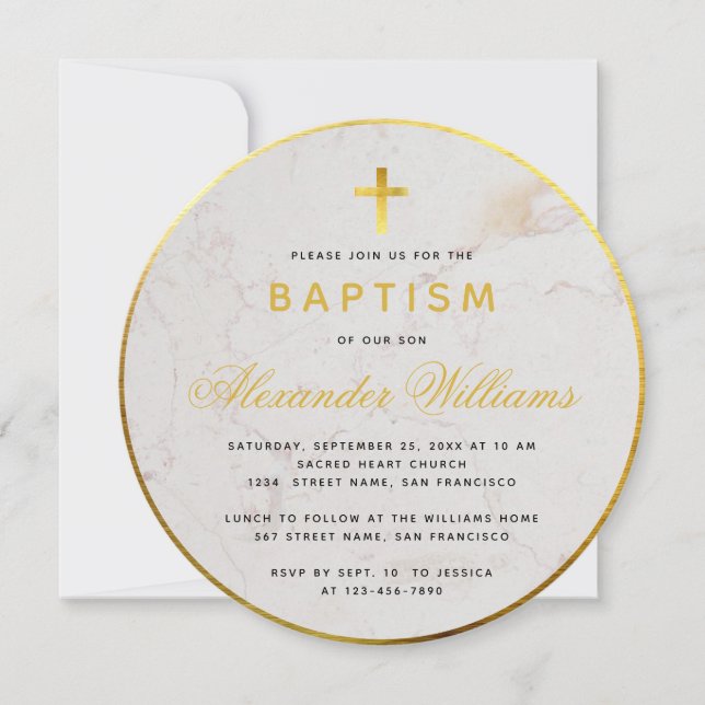 Convites Batismo Folha Dourada Falsa Mármore Caligrafia Red (Frente)
