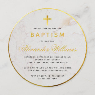 Convites Batismo Folha Dourada Falsa Mármore Caligrafia Red