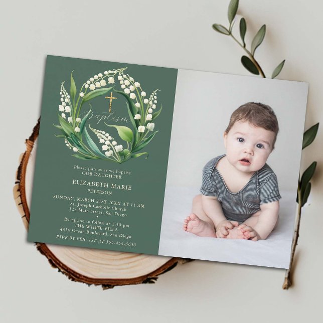 Convites Batismo Formal Dourado de Foto Chic em Lily Valley (baptismal invitation child toddler baby baptism christening lily valley floral wreath elegant classy)