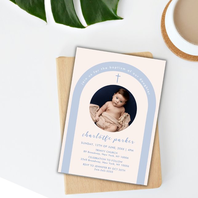 Convites Batismo Fotográfico Cruzado com Arco Boho Neutro p (Blue Gender Neutral Boho Arch Cross Photo Baptism Invitation)