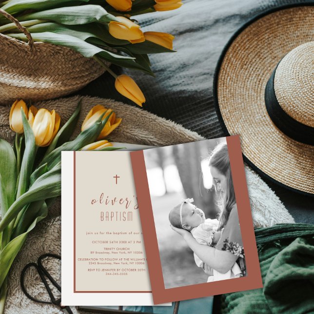 Convites Batismo Fotográfico da Cruz Moderna do Tom Tone (Earth Tone Modern Cross Christening Photo Baptism Invitation)