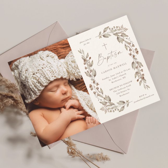 Convites Batismo Fotográfico de Criança com Estilo Boho e F (Boho wildflower elegant ivory gender neutral photo baptism invitation.)