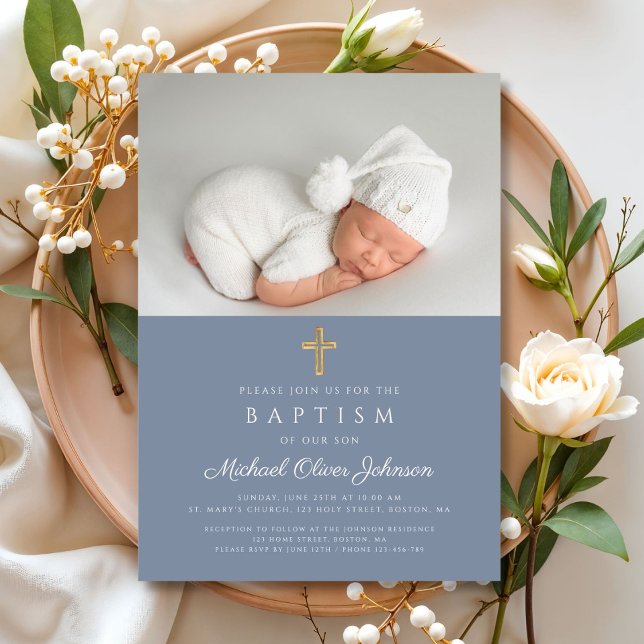 Convites Batismo Fotográfico de Cristo Cruzado Religioso Du (Dusty Blue Religious Cross Boy Photo Baptism Invitation)