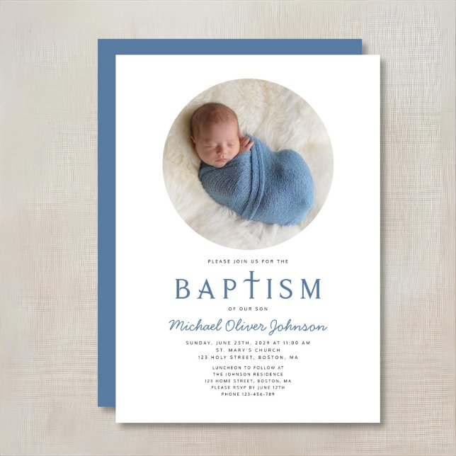 Convites Batismo Fotográfico de Cruz 1 Religiosa Azul (Blue Religious Cross 1 Photo Boy Baptism Invitation)
