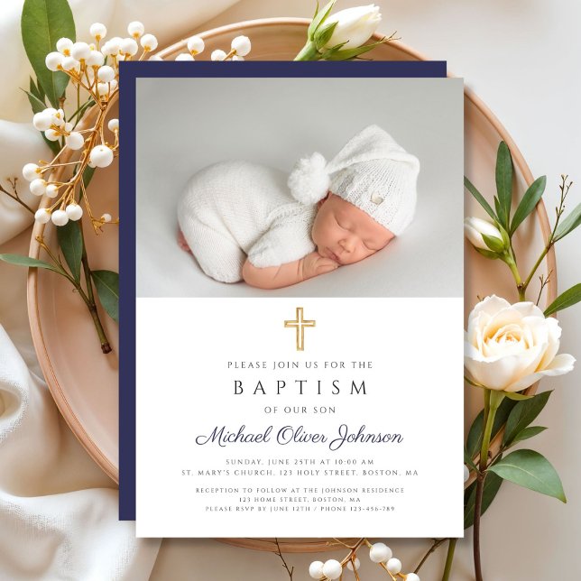 Convites Batismo Fotográfico de Cruz Religiosa Azul do Mari (Navy Blue Religious Cross Boy Photo Baptism Invitation)