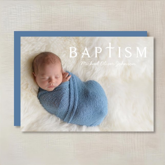 Convites Batismo Fotográfico de Cruz Religiosa Azul Moderno (Modern Blue Religious Cross Photo Boy Baptism Invitation)