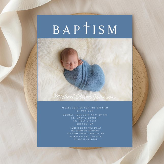 Convites Batismo Fotográfico de Cruz Religiosa Azul Moderno (Modern Blue Religious Cross Photo Boy Baptism Invitation)
