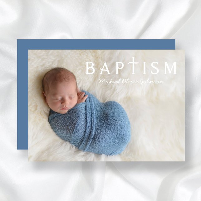 Convites Batismo Fotográfico de Cruz Religiosa Azul Moderno (Modern Blue Religious Cross Photo Boy Baptism Invitation)
