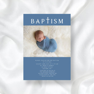Convites Batismo Fotográfico de Cruz Religiosa Azul Moderno
