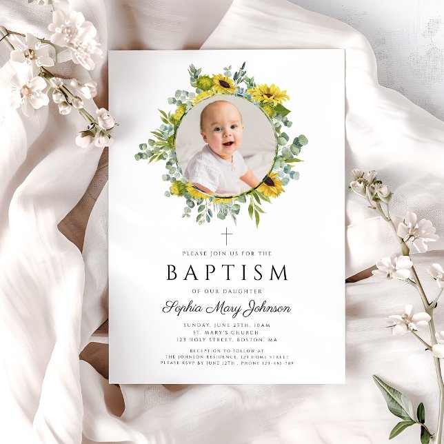 Convites Batismo Fotográfico de Girassóis Florais Elegante (Elegant Floral Sunflowers Girl Photo Baptism Invitation)