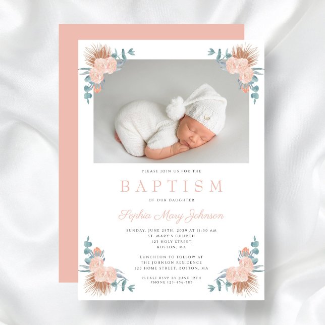 Convites Batismo Fotográfico de Menina Floral Rosa (Pink Floral Elegant Girl Photo Baptism Invitation)