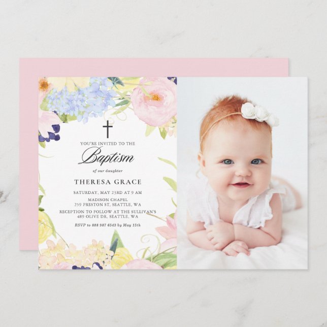 Convites Batismo Fotográfico de Mola Floral Pastel Watercol (Frente/Verso)