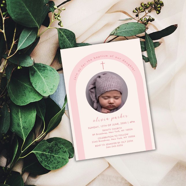 Convites Batismo Fotográfico de Rapariga de Arco Moderno Ro (Pink Modern Boho Arch Cross Girl Photo Baptism Invitation)