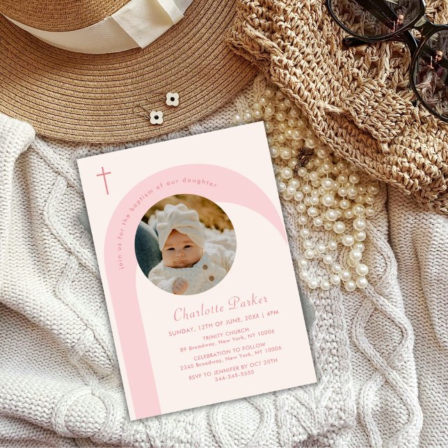 Convites Batismo Fotográfico de Rapariga de Arco Moderno Ro (Pink Modern Boho Arch Cross Girl Photo Baptism Invitation)