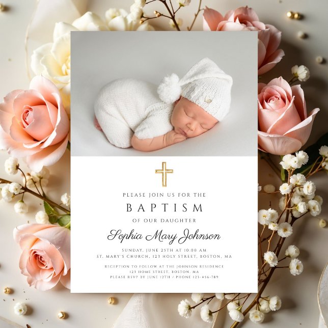 Convites Batismo Fotográfico de Rapariga Religiosa Elegante (Elegant Religious Cross Girl Photo Baptism Invitation)