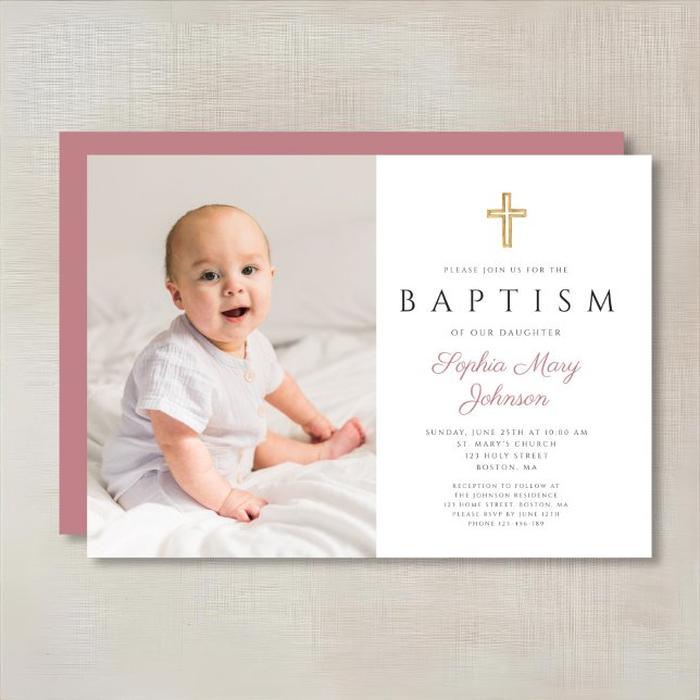 Convites Batismo Fotográfico de Rapariga Religiosa Rosa Mod (Modern Pink Religious Cross Girl Photo Baptism Invitation)