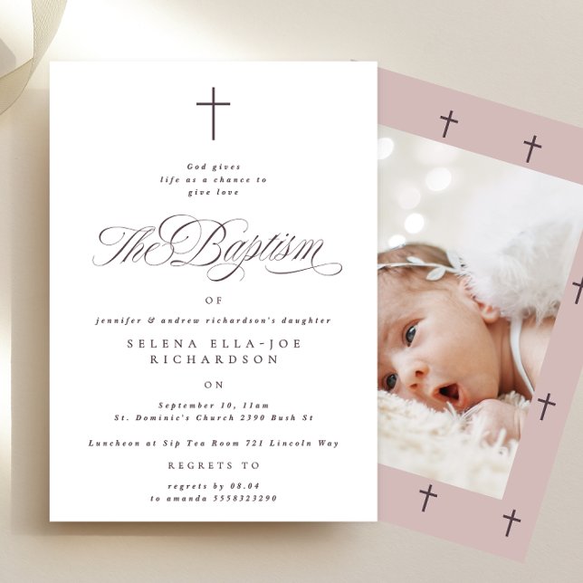 Convites Batismo Fotográfico de Taupe Cruzado Roxo (Criador carregado)