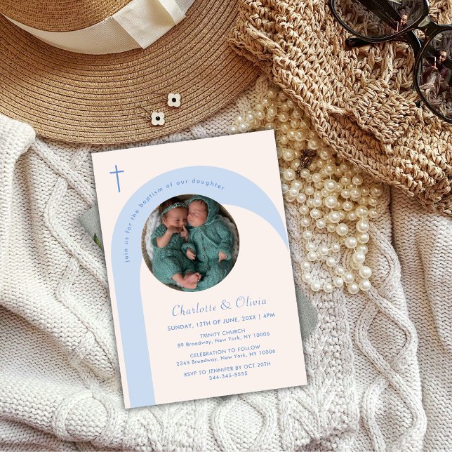Convites Batismo Fotográfico do Arco de Boho Azul Moderno (Modern Blue Beige Boho Arch Photo Cross Baptism Invitation)