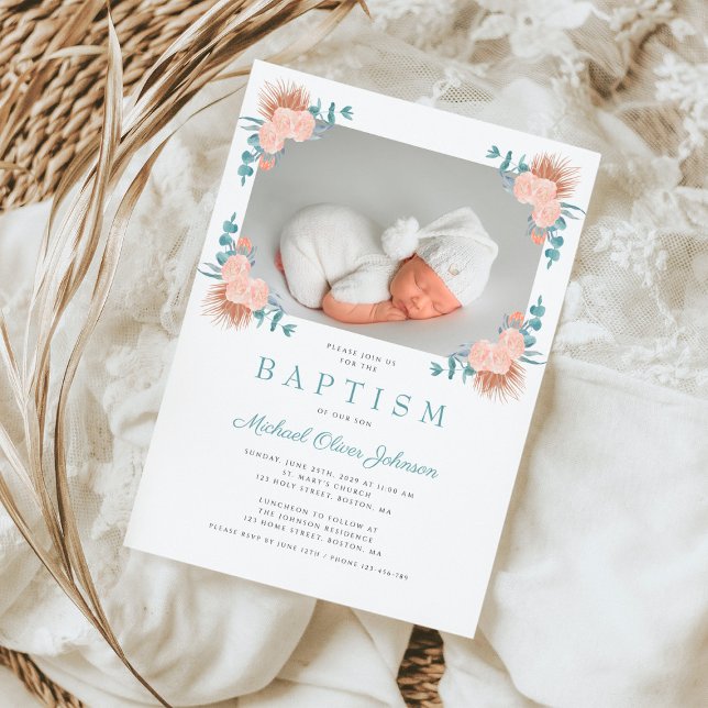 Convites Batismo Fotográfico do Elegante Verde Floral (Green Floral Elegant Boy Photo Baptism Invitation)