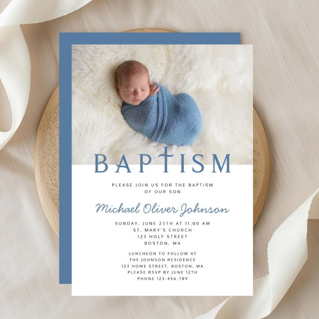 Convites Batismo Fotográfico do Menino Elegante Moderno (Religious Cross Blue Photo Boy Baptism Invitation)