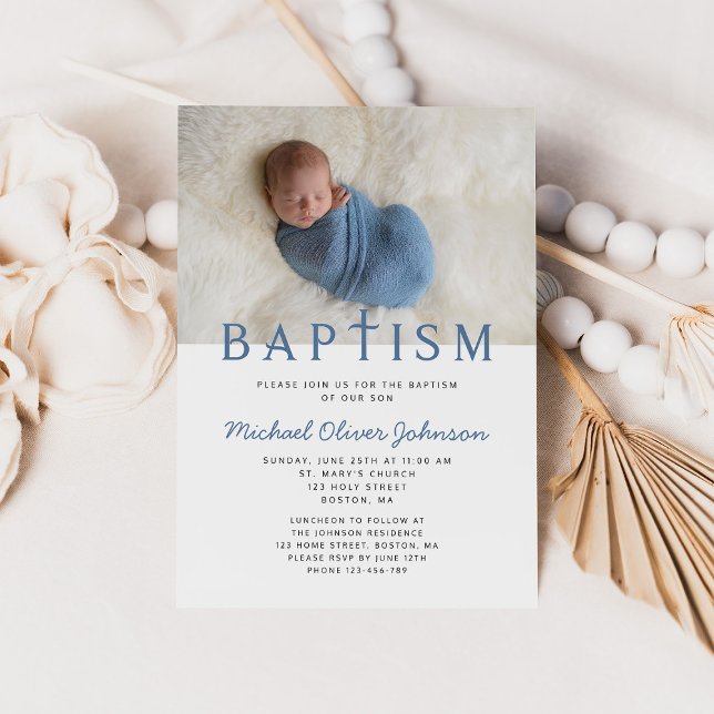 Convites Batismo Fotográfico do Menino Elegante Moderno (Religious Cross Blue Photo Boy Baptism Invitation)