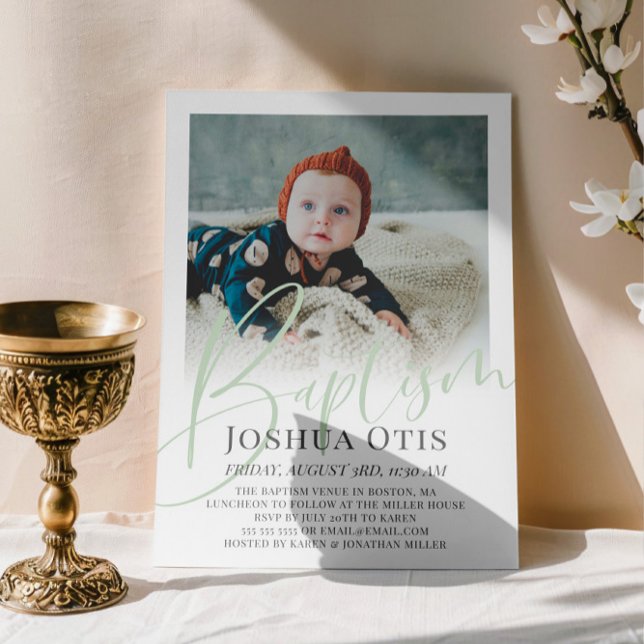 Convites Batismo Fotográfico do Script Verde Sage (Criador carregado)