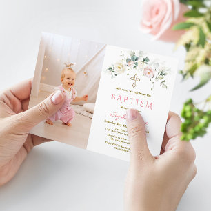 Convites Batismo Fotográfico Dourado Floral Rosa Branco Chi