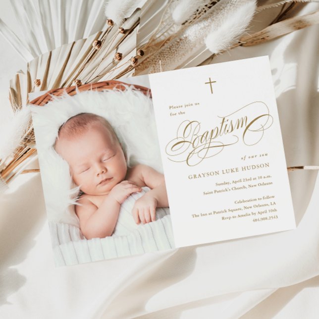 Convites Batismo Fotográfico Dourado neutro da caligrafia E (Elegant calligraphy baby photo baptism invitation.)