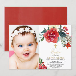 Convites Batismo fotográfico elegante floral com aquarela d