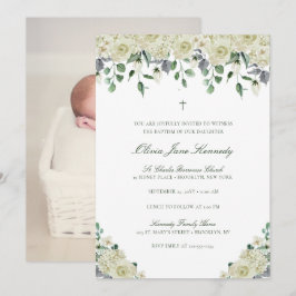 Convites Batismo Fotográfico Floral e Verde Branco