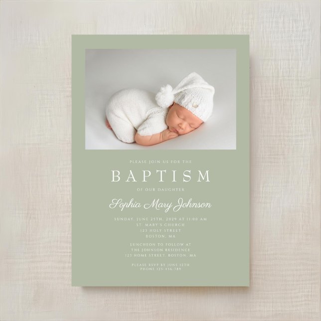 Convites Batismo Fotográfico Moderno Verde Sage (Sage Green Modern Photo Baptism Invitation)