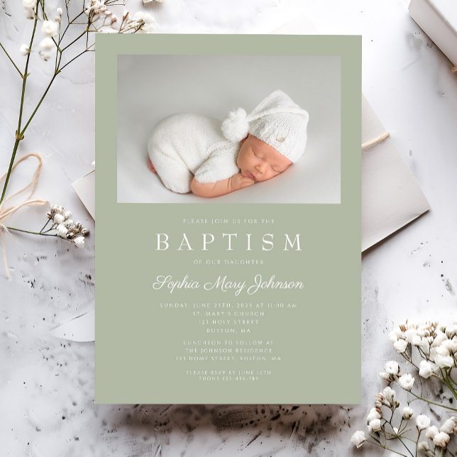 Convites Batismo Fotográfico Moderno Verde Sage (Sage Green Modern Photo Baptism Invitation)