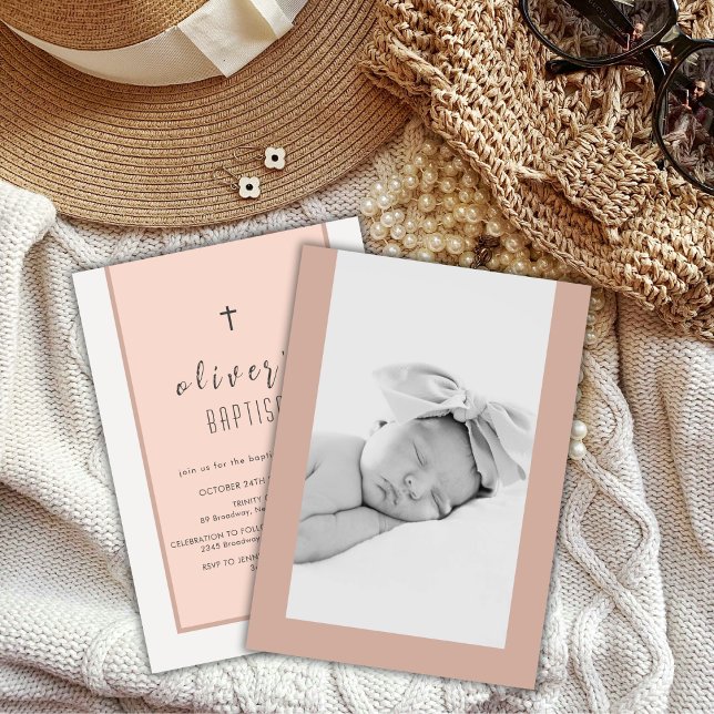 Convites Batismo Fotográfico Neutral Moderno (Modern Neutral Cross Christening Photo Baptism Invitation)