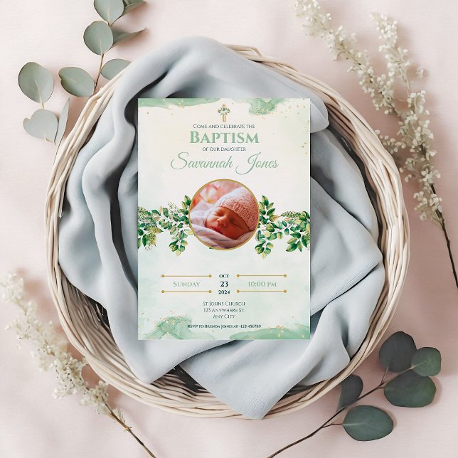 Convites Batismo Fotográfico Personalizado Floral Verde Ele (Criador carregado)
