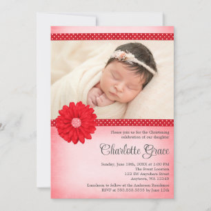 Convites Batismo Fotográfico Red Daisy Sparkle Christening