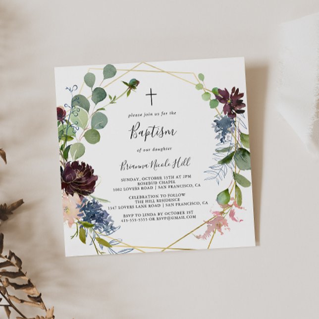 Convites Batismo geométrico Dourado da Borgonha (Criador carregado)