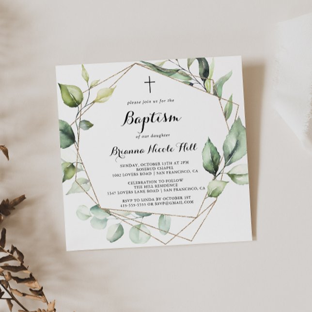 Convites Batismo geométrico Elegante Dourado (Criador carregado)