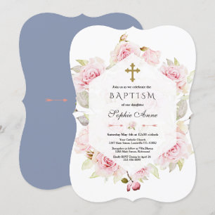 Convites Batismo Geométrico Floral de Blush Rosa Bonito