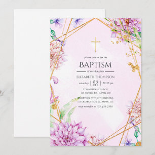 Convites Batismo Geométrico Floral Roxo e Dourado
