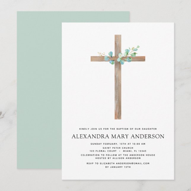 Convites Batismo Greenery Sage Eucalyptus (Frente/Verso)