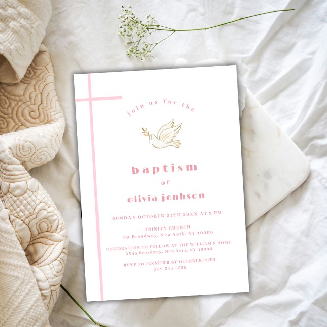 Convites Batismo infantil simples e rosa, francês (Pink French Simple Bird Christening Girl Baptism Invitation)