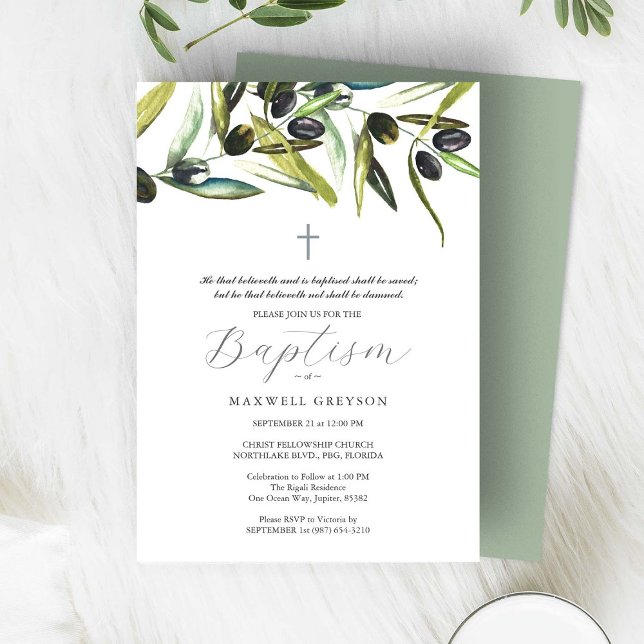 Convites Batismo Inventa Látea Religiosa (Baptism invitations feature watercolor olive branches by Victoria Grigaliunas of Do Tell A Belle)