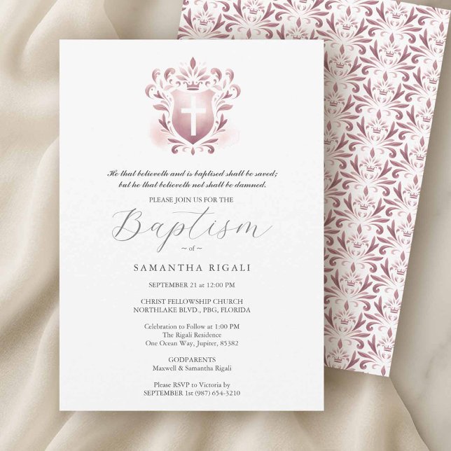 Convites Batismo Invoca Nome dos Padrões Religiosos (Girl baptism invitations with dusty pink designs on a crisp white background.)