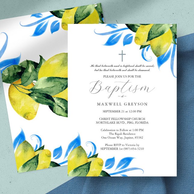 Convites Batismo Lemon Foliage Religioso Azul Italiano (baptism invitation lemons Italian blue tile watercolor botanical art by Victoria Grigaliunas)
