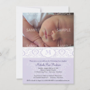 Convites Batismo Lilac Damask Monograma/Christening