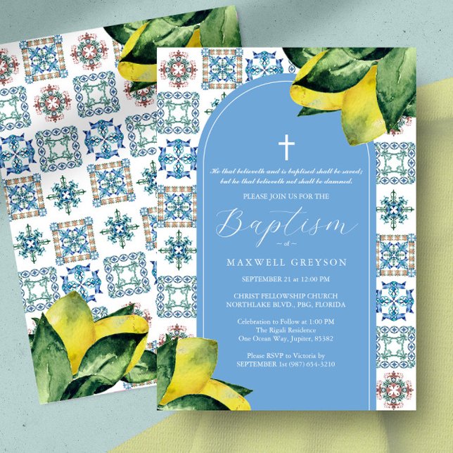Convites Batismo Limão Azulejo azul religioso italiano (Baptism invitation Italian blue Amalfi tile and yellow lemons art by Victoria Grigaliunas)